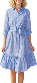 Womens Casual Cotton Striped Belted Button Down Shirt Dress Rolled Up Long Sleeve Ruffle Midi Dress with Pockets
