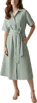Women's Gingham Seersucker Short Sleeve Button Down Belted Midi Casual Shirt Dress with Pockets