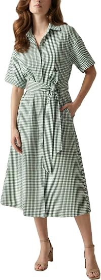 Women's Gingham Seersucker Short Sleeve Button Down Belted Midi Casual Shirt Dress with Pockets