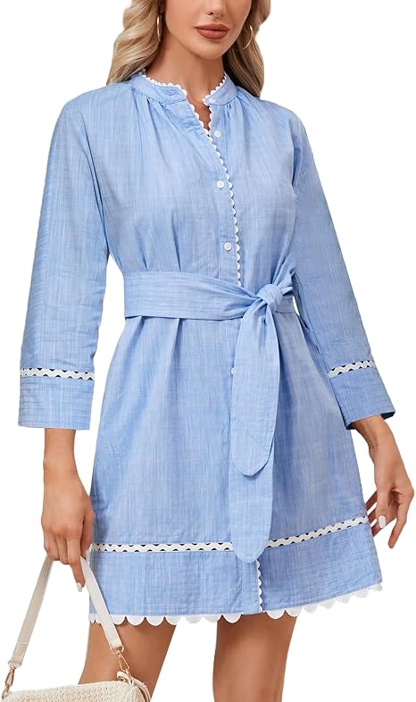 Women's Button Down Shirt Dress Fall 3/4 Sleeve Belted Tunic Casual Cotton Linen RIC Rac Trim Mini Dresses with Pockets