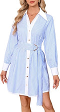 Womens Striped Shirt Dress Long Sleeve Button Down V Neck Mini Tunic Dress Belted Workwear Dresses with Pockets