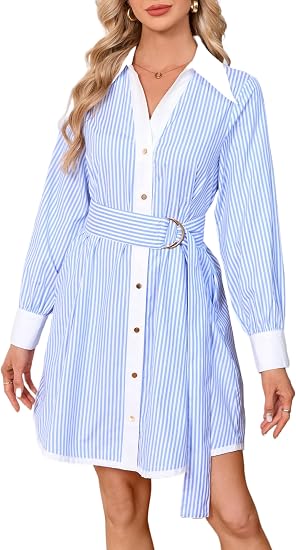 Womens Striped Shirt Dress Long Sleeve Button Down V Neck Mini Tunic Dress Belted Workwear Dresses with Pockets